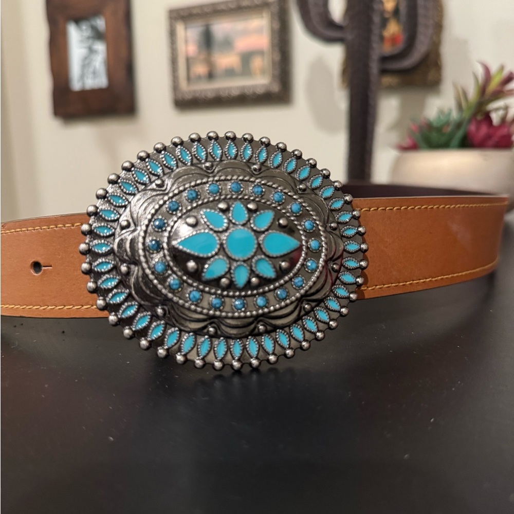 Turquoise and Brown faux leather Western Belt